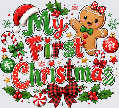 My First Christmas Gingerbread Girl Santa Hat Candy Cane Holly Buffalo Plaid Bow Baby Holiday Design