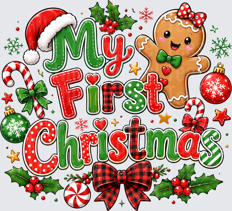My First Christmas Gingerbread Girl Santa Hat Candy Cane Holly Buffalo Plaid Bow Baby Holiday Design