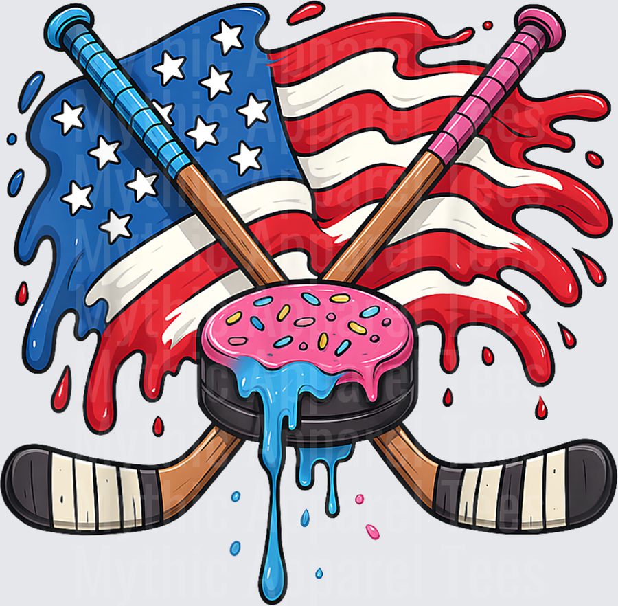 Ice Hockey Patriotic Crossed Sticks Donut Puck American Flag