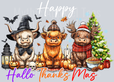 Happy Hallothanksmas Cute Highland Cow Halloween Christmas Sweatshirt