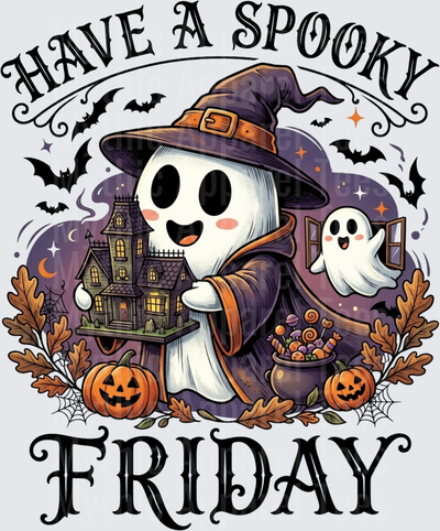 Have A Spooky Friday Cute Ghost Witch Haunted House Jack-O-Lantern Halloween Design