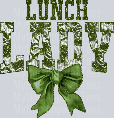 Olive Green Lace Lunch Lady St Patrick's Day College Font Floral and shamrock pattern