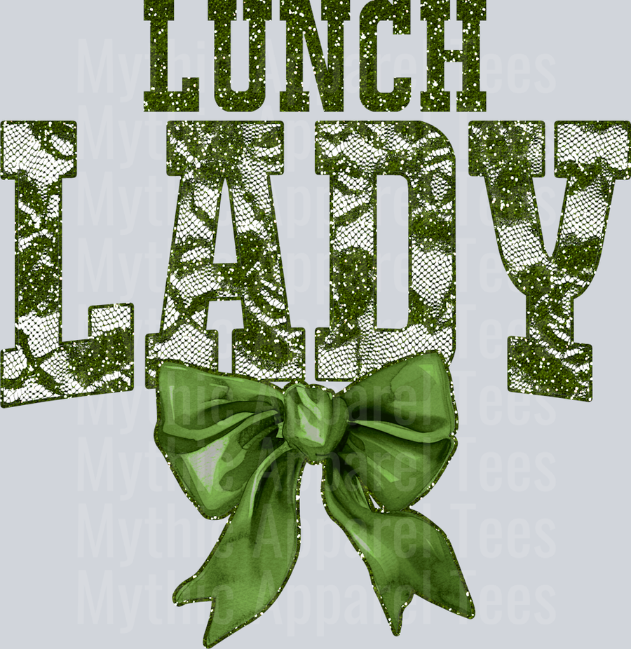 Olive Green Lace Lunch Lady St Patrick's Day College Font Floral and shamrock pattern