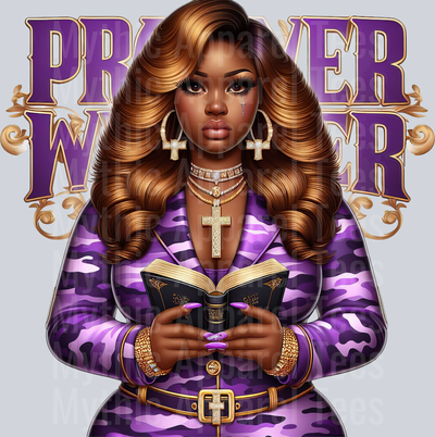 Girl with open bible 3 cross PW Purple Prayer Warrior DTF Religious Transfers