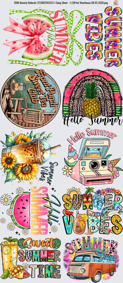 Gang Sheet FULL SIZE DESIGNS Summer Vibes Collection with Watermelon Pineapple Sunflowers Vintage Camera VW Bus
