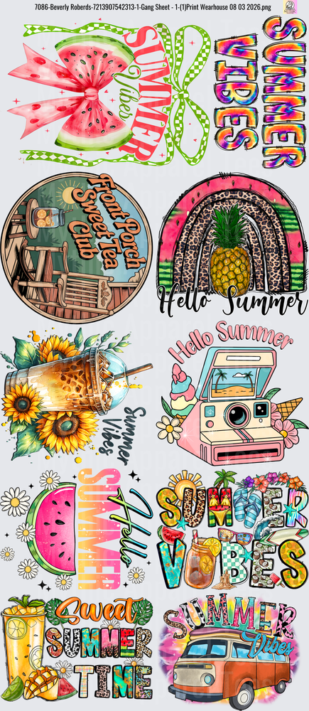 Gang Sheet FULL SIZE DESIGNS Summer Vibes Collection with Watermelon Pineapple Sunflowers Vintage Camera VW Bus
