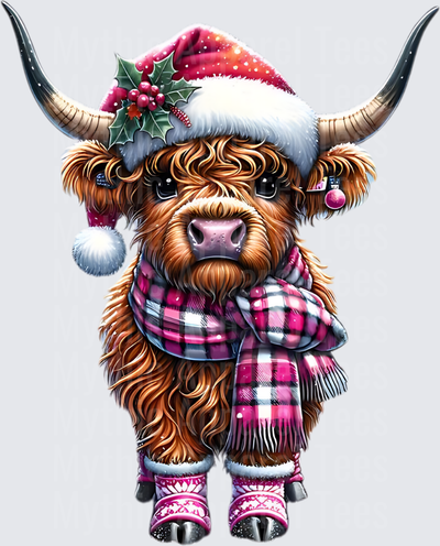 Highland Christmas Cow Pink Plaid Scarf Santa Hat Holly