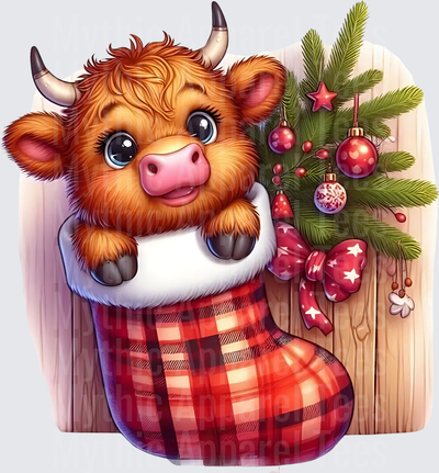 Highland Christmas Cow in Plaid Stocking with Ornaments