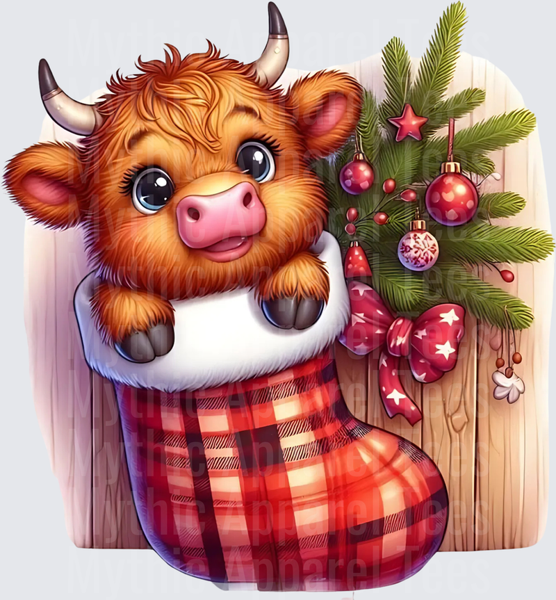 Highland Christmas Cow in Plaid Stocking with Ornaments