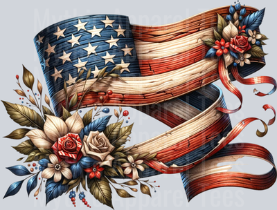 Wooden Ribbon Flag With Flowers DTF Patriotic Transfers