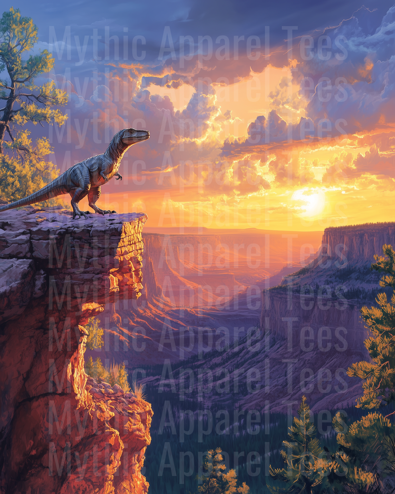 T-Rex Overlooking Grand Canyon Sunset Cliff Edge Dramatic Sky Illustration