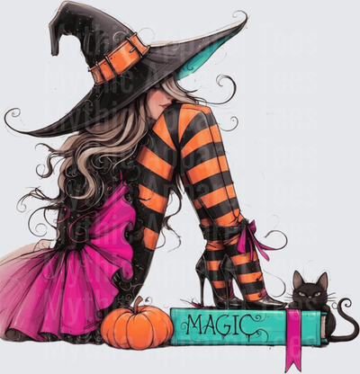 Glamour Witch with Orange Black Striped Stockings Magic Spellbook Pumpkin and Black Cat Halloween Design