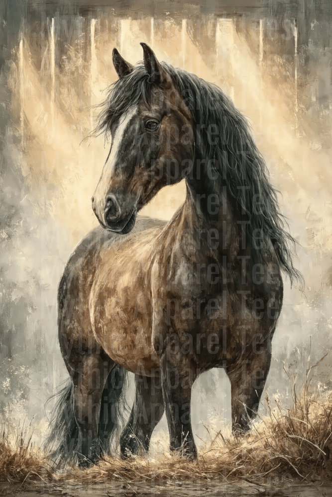 Majestic Dark Bay Draft Horse with Flowing Black Mane Oil Painting Portrait