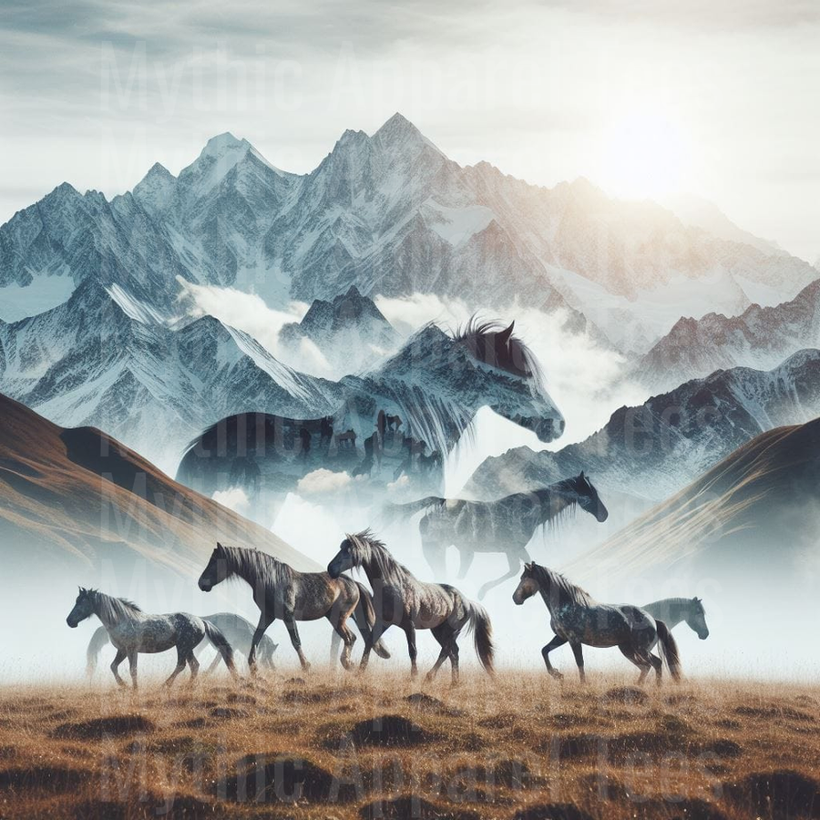 Wild Mustang Herd Running Through Misty Mountain Valley Double Exposure