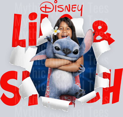 Lilo and stitch live action busting through screen DTF Lilo and Stitch Transfers