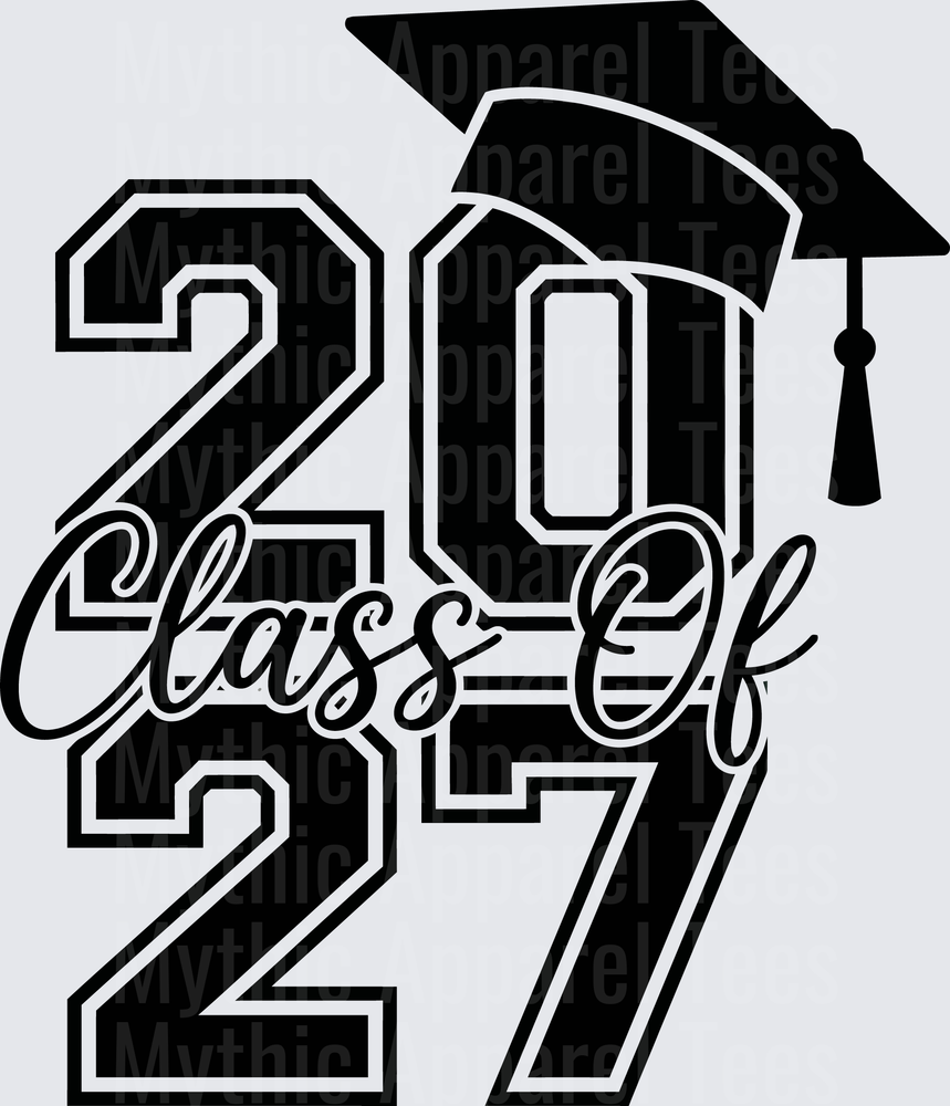 Class of 2027 Bold Varsity Letter Graduation Cap Script Design Black and White