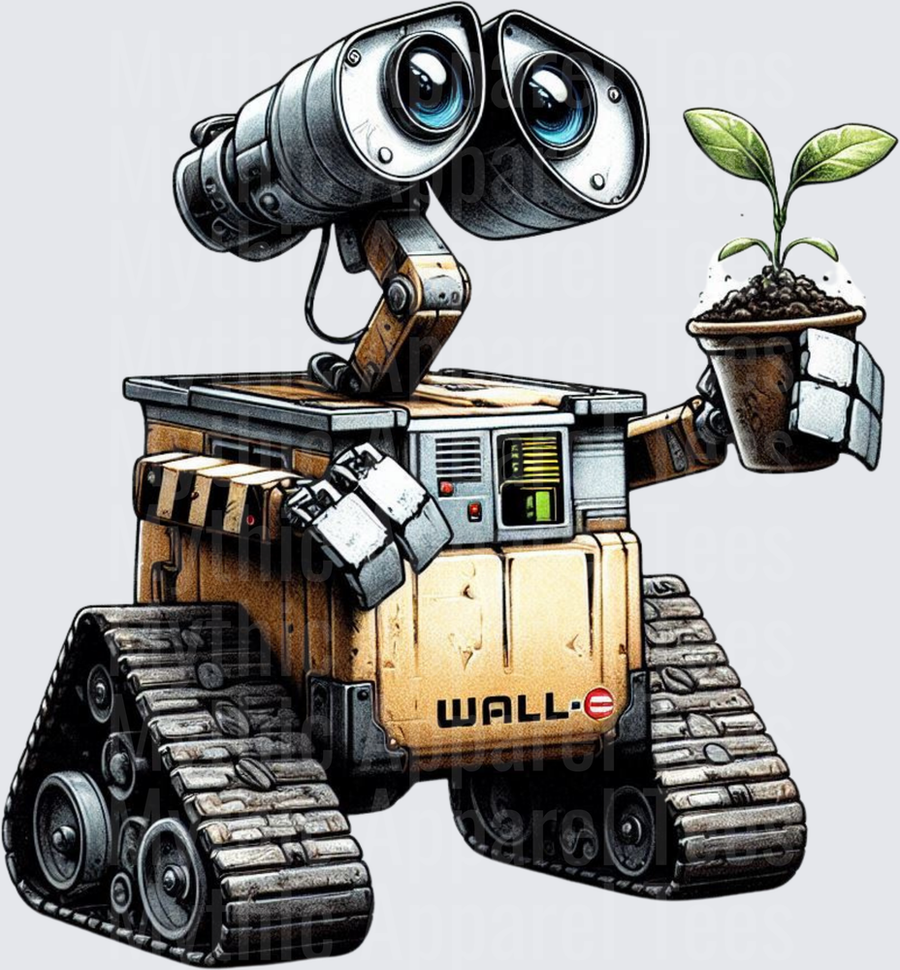 WALL-E Robot Holding Green Seedling Plant in Cup Pixar Character Illustration