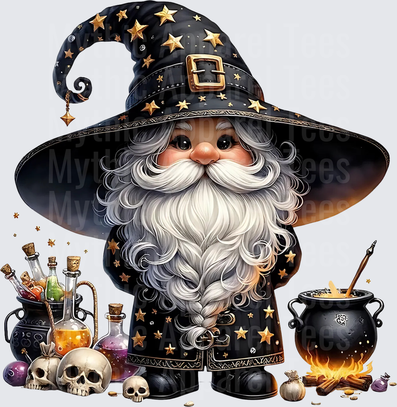 Cute Wizard Gnome with Black Star Hat Bubbling Cauldron Potion Bottles and Skulls Halloween Design