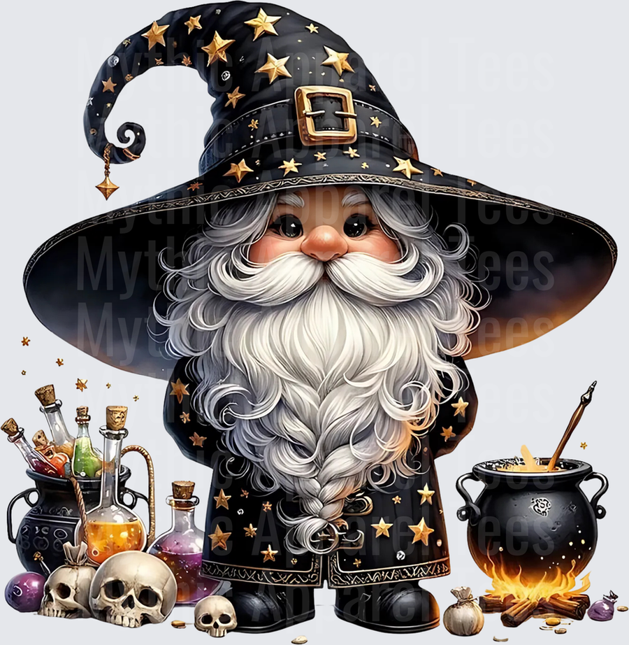 Cute Wizard Gnome with Black Star Hat Bubbling Cauldron Potion Bottles and Skulls Halloween Design