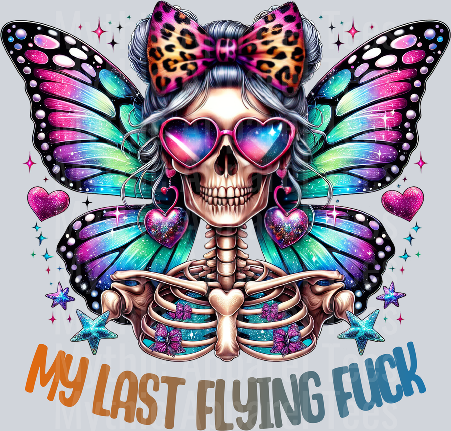 My last flying fuck iridescent butterfly Skelly Girl DTF Skull Transfers