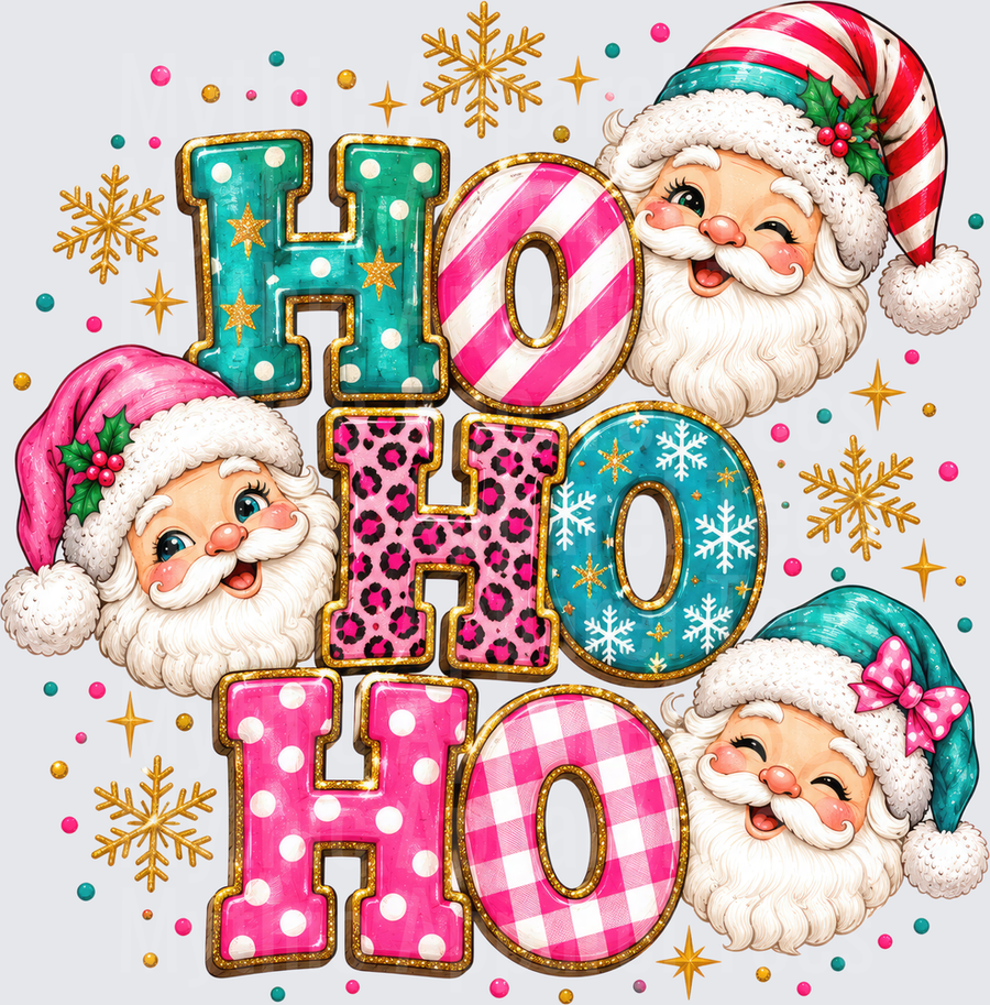 Ho Ho Ho Retro Santa Claus Trio Pink Teal Leopard Polka Dot Patterned Letters Gold Snowflakes Holiday Design