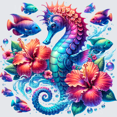 Ocean Animals Colorful Seahorse Tropical Fish Hibiscus Flowers