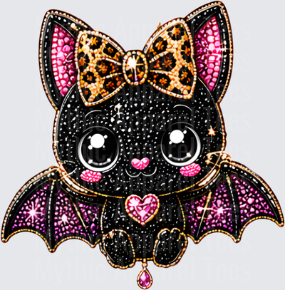 Halloween Bling Cute Black Bat with Leopard Print Bow Pink Rhinestone Heart Necklace Sparkling Kawaii Glam Design