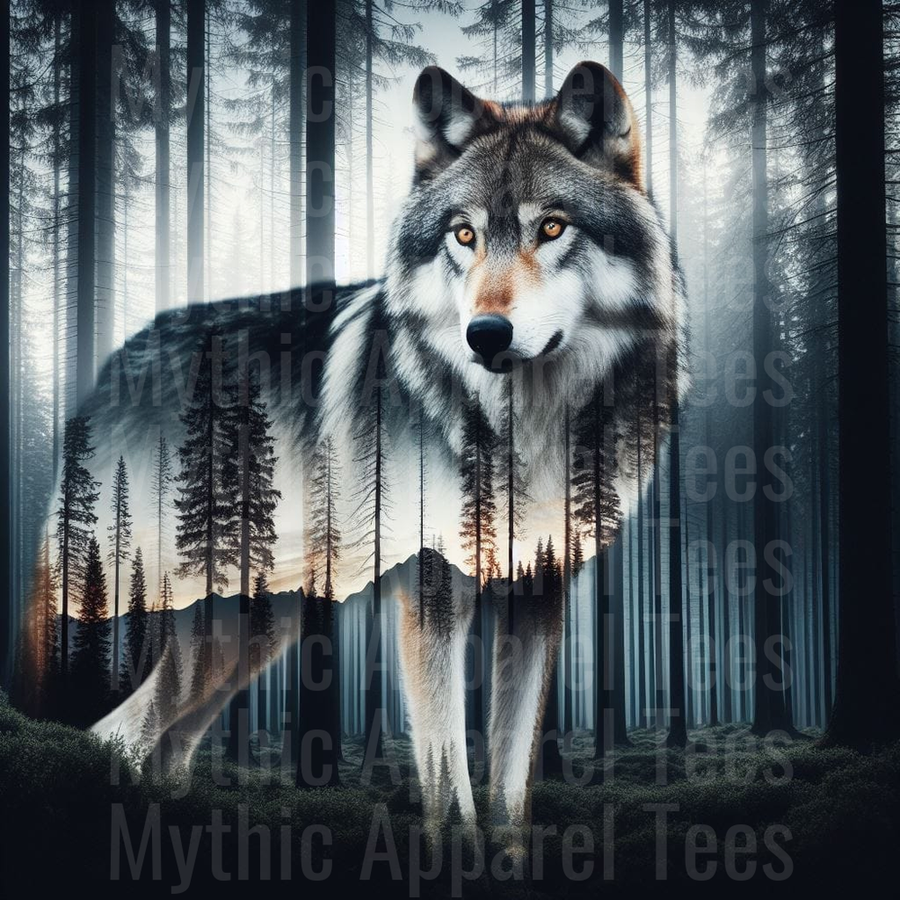 Majestic Gray Wolf Double Exposure Misty Pine Forest Mountain Wilderness