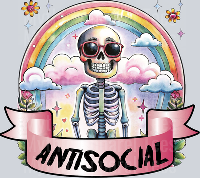 Antisocial Rainbow with clouds DTF Skull Transfers