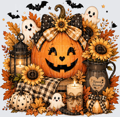 Harvest Blessings Halloween Jack-O-Lantern with Cute Ghosts Sunflowers Bats Buffalo Plaid Bow Candles and Fall Autumn Leaves Farmhouse Scene