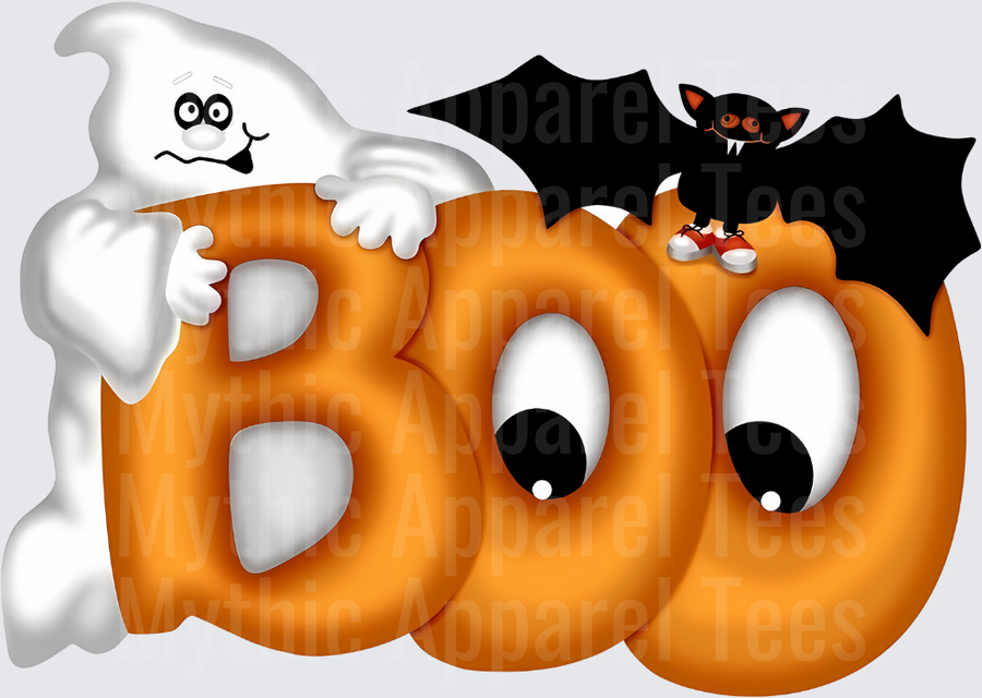 Cute Halloween BOO Letters with Cartoon Ghost and Black Bat