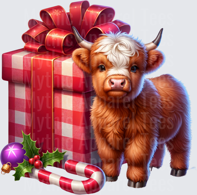 Highland Christmas Cow with Plaid Gift Box and Candy Cane