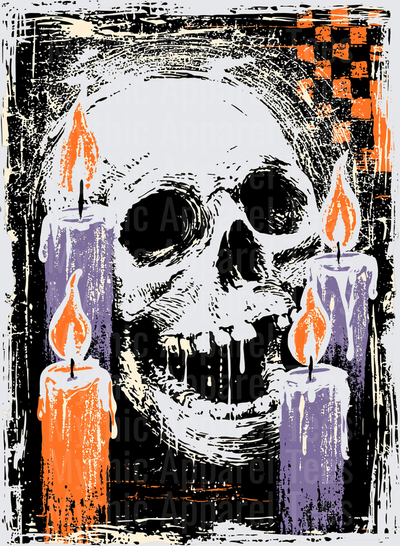Distressed Halloween Skull with Orange and Purple Dripping Candles Woodcut Print