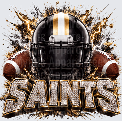 Rhinestone Style NFL New Orleans Saints Black and Gold Football Helmet with Diamond Bling Lettering and Lightning Explosion