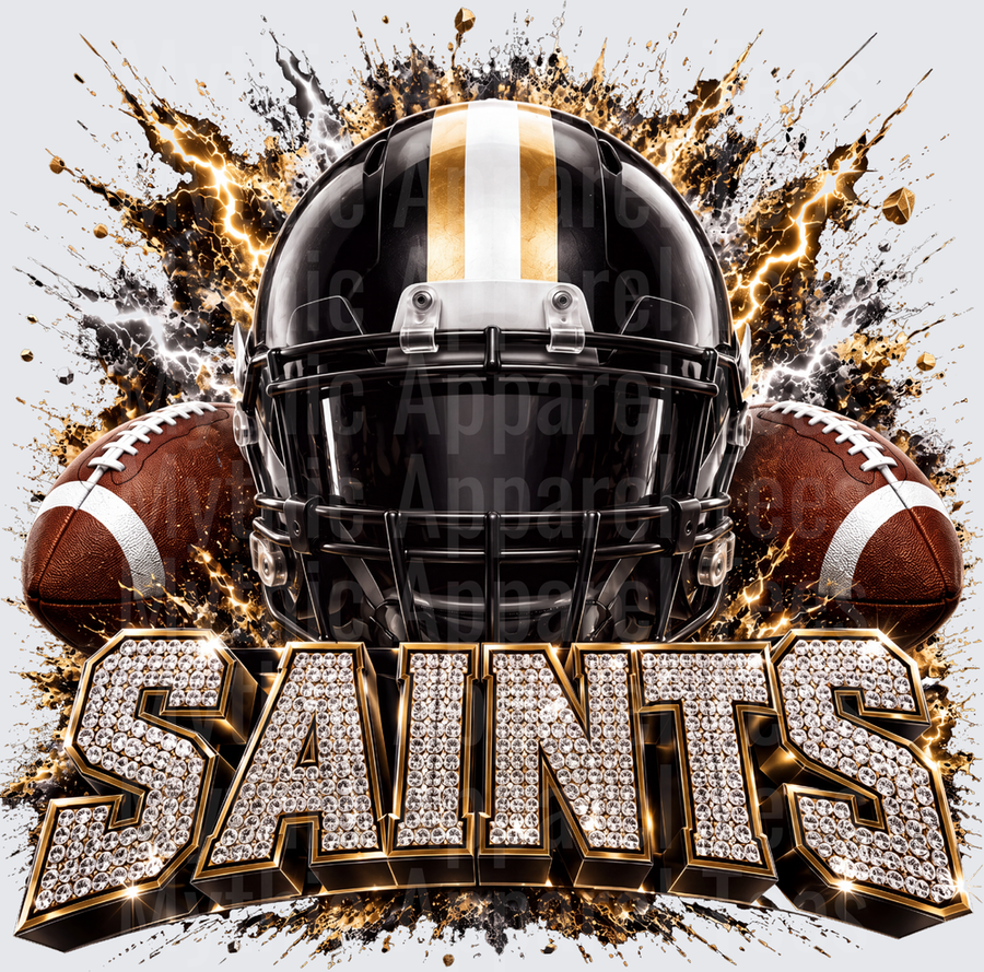 Rhinestone Style NFL New Orleans Saints Black and Gold Football Helmet with Diamond Bling Lettering and Lightning Explosion