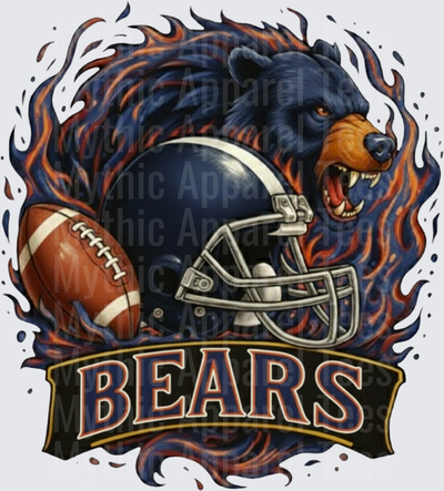 Fierce Growling Bear with Navy Football Helmet and Ball Surrounded by Flames Bears Banner