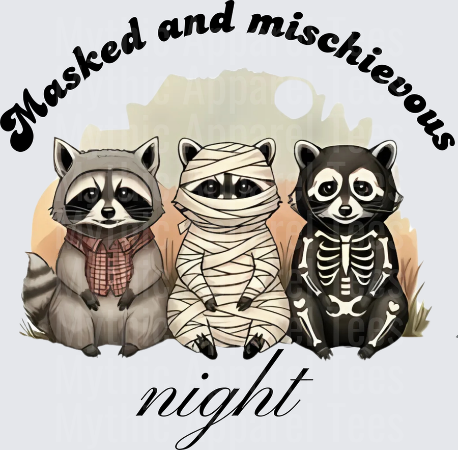 Masked and Mischievous Night Three Halloween Raccoons in Mummy Skeleton and Plaid Costumes