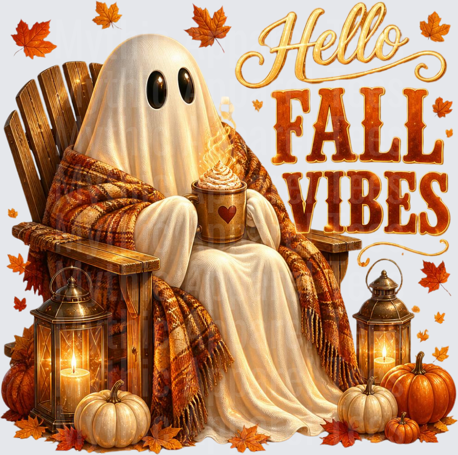 Halloween Hello Fall Vibes Cozy Ghost Pumpkin Latte Design
