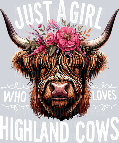 Precious Highland Cow with pink flowers in hair DTF Highland Cow Transfers