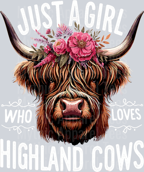 Precious Highland Cow with pink flowers in hair DTF Highland Cow Transfers
