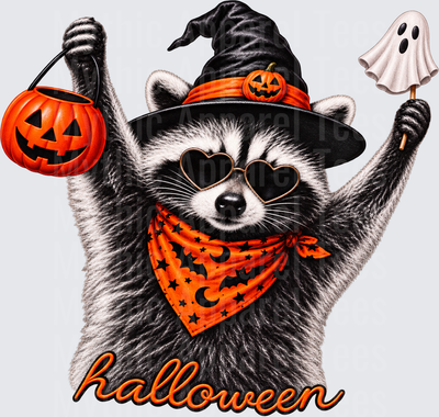 Halloween Raccoon Wearing Witch Hat Heart Sunglasses Holding Jack-O-Lantern Bucket and Ghost Lollipop with Orange Bandana