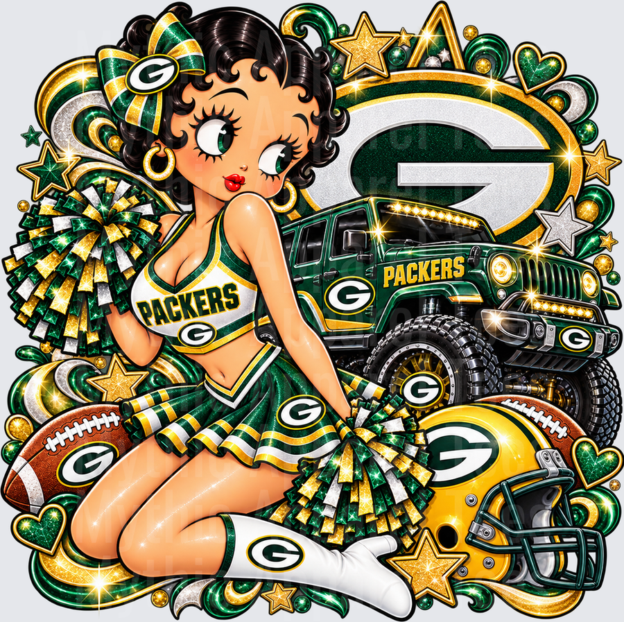 Betty Boop Green Bay Packers Cheerleader with Jeep Helmet and Football Glitter Fan Design