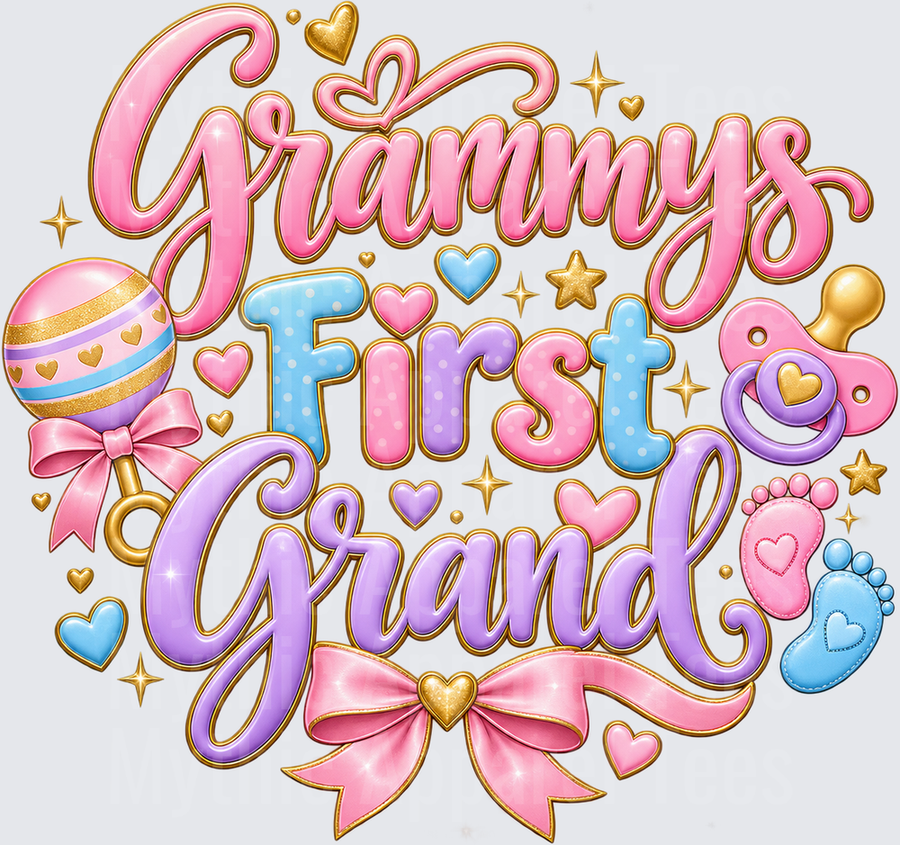 Grammy's First Grand Pink Purple Blue Baby Rattle Pacifier Bow Hearts Stars New Grandma