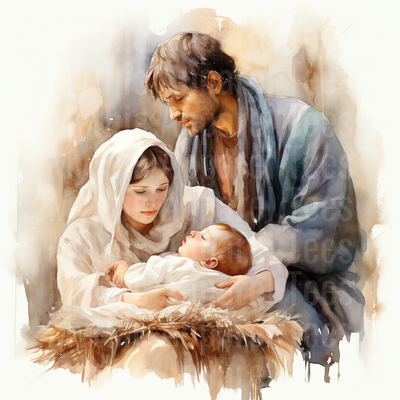 Nativity Holy Family Mary Joseph Baby Jesus Watercolor