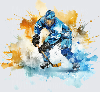 Ice Hockey Player in Blue Watercolor Paint Splash Action