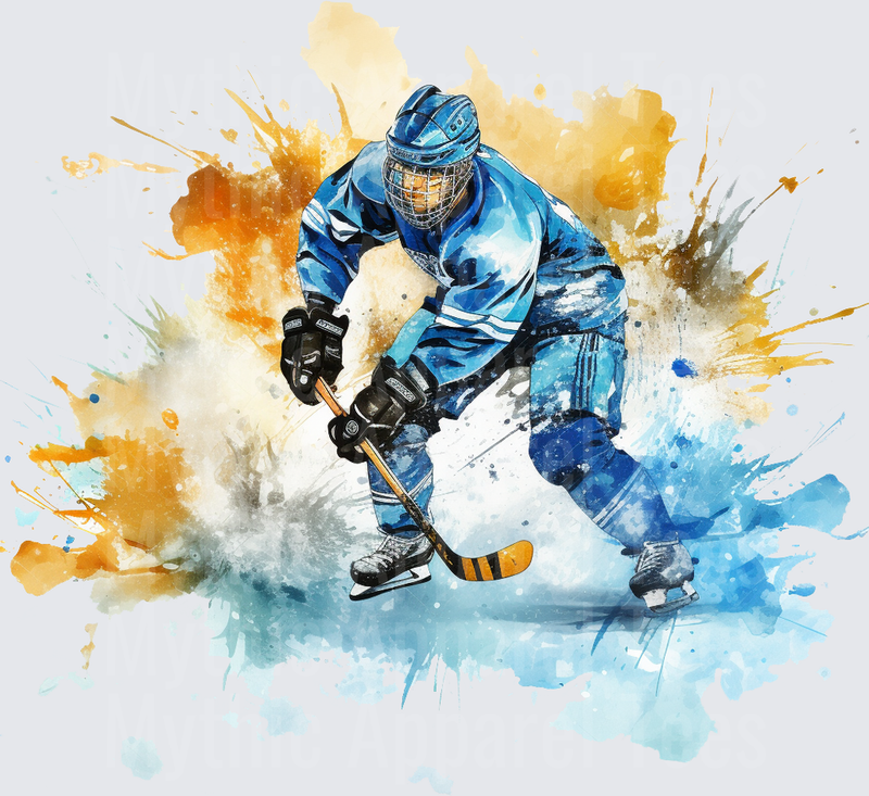 Ice Hockey Player in Blue Watercolor Paint Splash Action