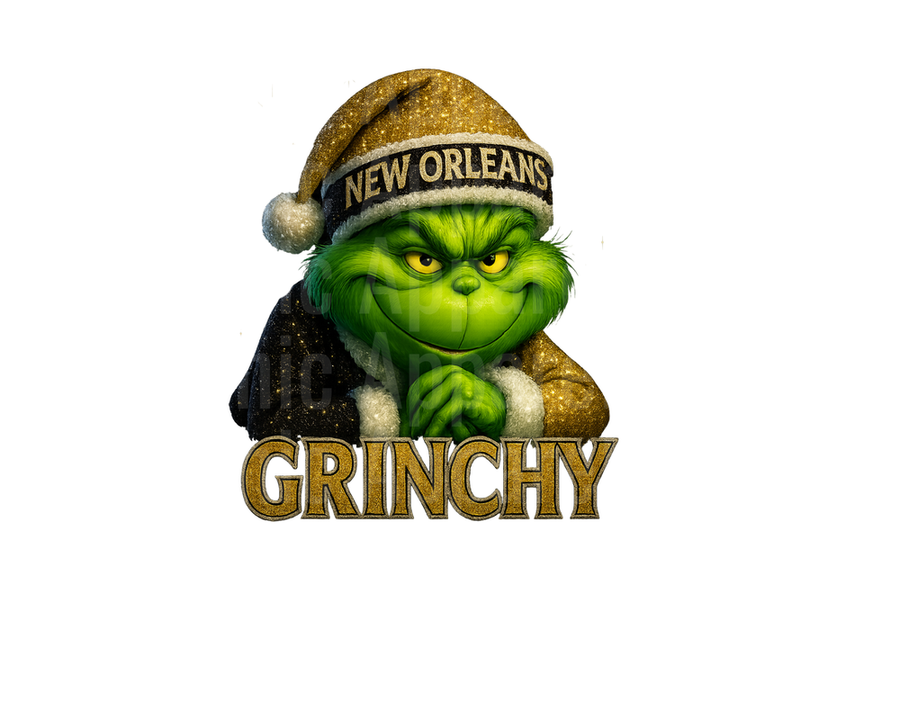 NFL Football New Orleans Grinchy Grinch Wearing Gold Santa Hat with New Orleans Banner Scheming Christmas Design