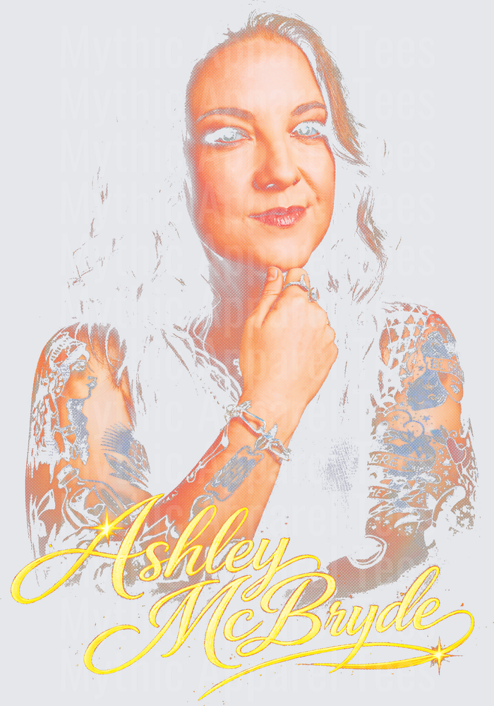 Ashley McBryde Portrait with Gold Script Lettering and Tattoo Sleeve Halftone Graphic