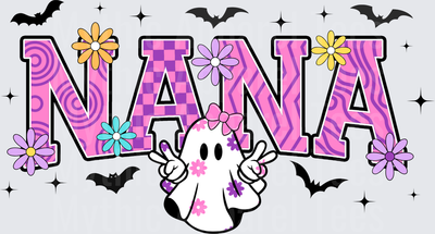 Halloween Nana Groovy Ghost with Pink Bow Floral Daisy Bats Retro Swirl Checkered Letters