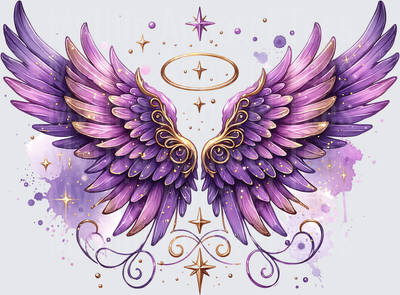 Angel Wings Purple Gold Glitter Halo Watercolor Sparkle